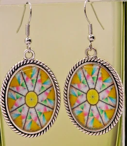 Vintage Style Pierced Earrings, Glass, Yellow/Green, 1" - Picture 1 of 1