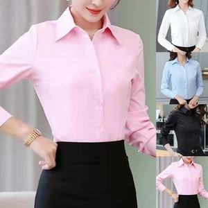 Korean Version Women's Button Solid Work Tops Office Lady Business Blouse - Picture 1 of 31