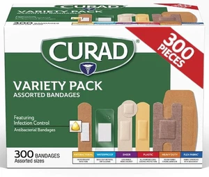 CURAD Assorted Bandages Variety Pack 300 Count Antibacterial Waterproof Sheer - Picture 1 of 6