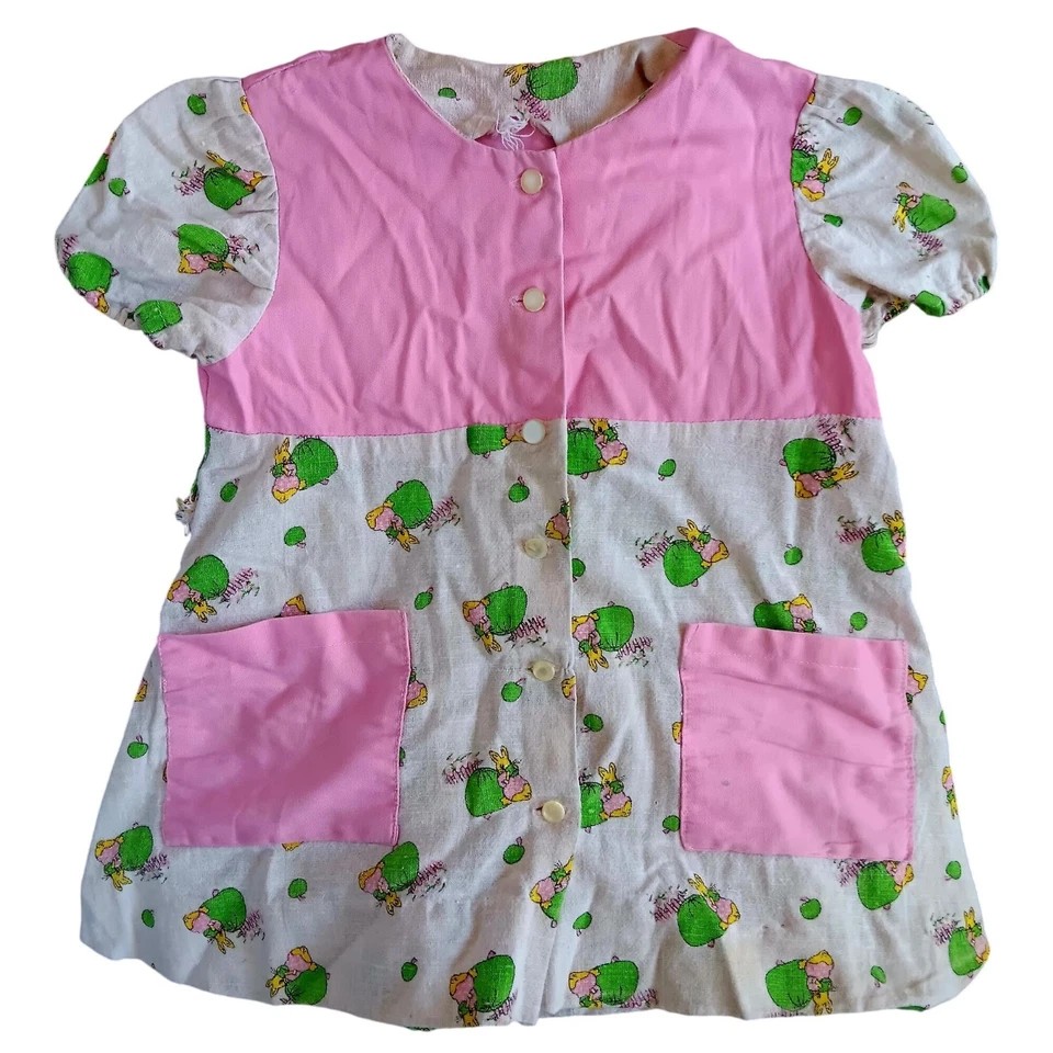 Vintage Girls 3T Dress 1970's Handmade Bunnies Party Bunny Pink Hippie 1OF1 - Image 1 of 4