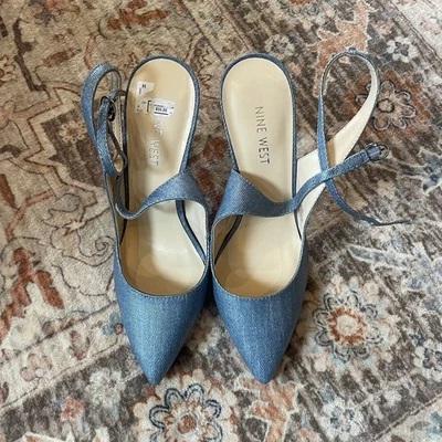 Туфли на высоком каблуке Nine West синие размер 7 ремешок на лодыжке 4 дюйма с потрясающей формой каблука - Изображение 1 из 4