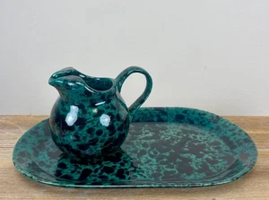 Bennington Potters Emerald Green & Black Agate Glaze Tray & Creamer Vintage VT - Picture 1 of 11
