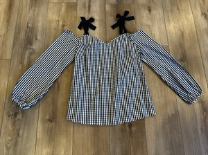 Neiman Marcus Cold Shoulder Gingham Black White Long Sleeve Top XS NEW - Picture 1 of 9