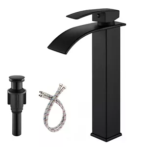 Black Tall Bathroom Basin Sink Faucet Single Handle Waterfall Vessel Mixer Taps - Picture 1 of 11