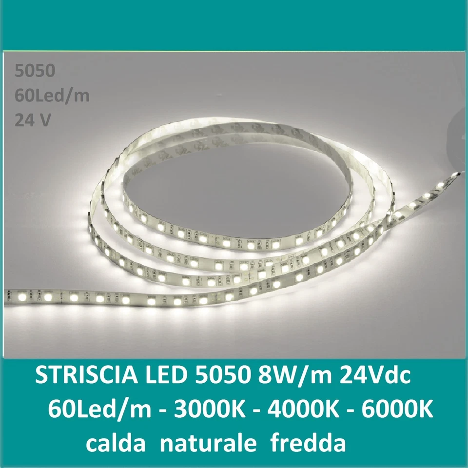 STRISCE LED 5050 ALTA LUMINOSITA' STRIP LED 24V  8W/metro IP20-IP65 60LED/metro - Immagine 1 di 1