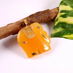 14k Solid Gold Jewelry Natural Orange Jade Gemstone Hand Carved Elephant Pendant - Picture 1 of 6