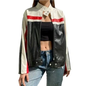 Schwarz creme rot Streifen Pleather Reißverschluss hochgeschlossen Bikerjacke Damen Small - Bild 1 von 11