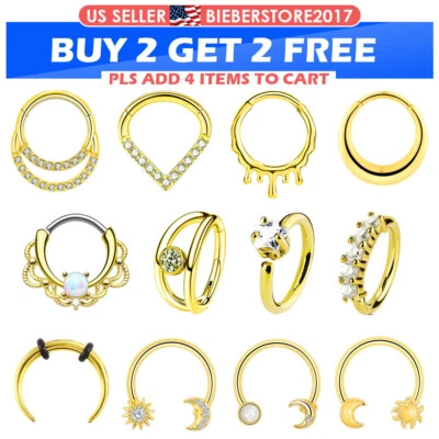 1PC 16G Gold Steel Nose Ring Hinged Septum Clicker Horseshoes Lip Ear Daith Hoop - Image 1 of 4
