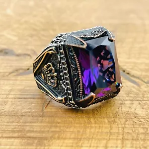 Silver Mens Ring, Purple Amethyst Square Stone Ring, Turkish Handmade Jewelry - Picture 1 of 9