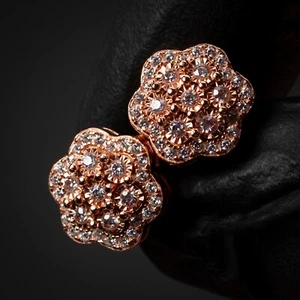 Large Flower Cluster Rose Gold Sterling Silver Iced Cz Men's Hip Hop Earrings - Picture 1 of 6