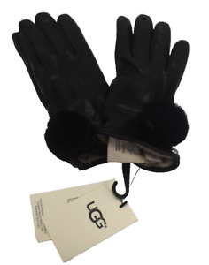 Ugg Leather Pom Glove Black Wool Lining Sheepskin Trim Winter Gloves Womens S