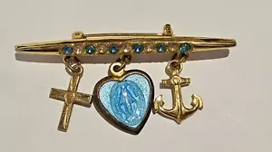 Vtg Gold Tone Miraculous Medal Faith Hope Charity Brooch Religious Dangle Charm - Picture 1 of 5