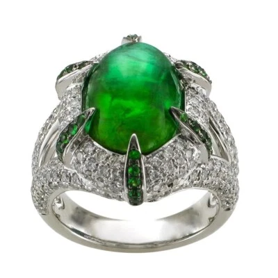 9.93TCW Simulated Cabochon Emerald & Round Sapphire Split Shank Style Women Ring - Image 1 of 4