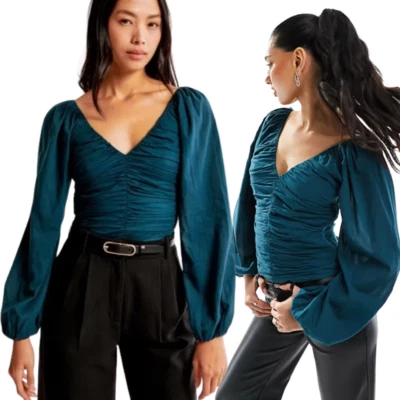 Top para mujer Abercrombie & Fitch manga larga transparente ceñido pequeño verde azulado cuello en V elegante Foto 1 de 4