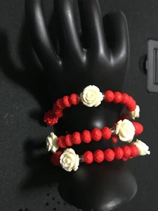 Ivory Rose red Multi stand Adjustable Bracelet,Hand made Expandable Red Beads  - Picture 1 of 5