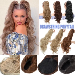 US Real Long Pony Tail Ondulato Coulisse Coda di Cavallo Clip In Estensioni Capelli Come Umano - Foto 1 di 22
