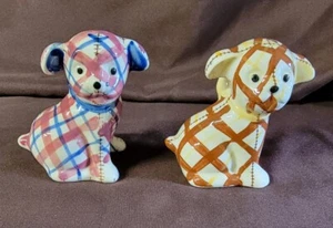 2 Vintage Mismatched Plaid Dog Salt and Pepper Shakers Striped Patched Stitched - Picture 1 of 10