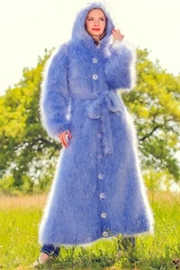 Blue long mohair cardigan with hood thick fuzzy SuperTanya sweater coat XL - XXL - Bild 1 von 10