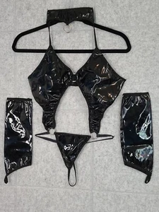 Womens Faux Leather Wetlook Bodysuit G-string with Gloves Size S/M - Picture 1 of 6