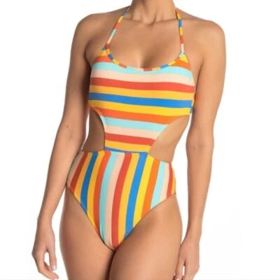 The Bikini Lab Nuevo con Etiquetas Palm Spring Una Pieza Recortada Talla Grande Arco Iris Rayas Foto 1 de 4