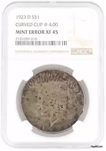 1923-D Curved Clip @4:00 Peace Silver Dollar $1 NGC XF45 Mint Error - Picture 1 of 2