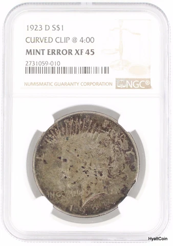1923-D Curved Clip @4:00 Peace Silver Dollar $1 NGC XF45 Mint Error Cover