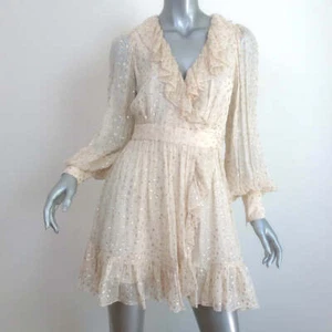 Zimmermann Lurex Polka Dot Mini Wrap Dress Ecru/Gold Crinkled Chiffon Size 0 - Picture 1 of 6