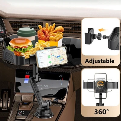 Larger Car Cup Holder Tray 3 in 1 10 inch Car Food Tray Table Phone Holder Mount - Image 1 of 4