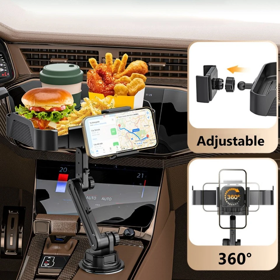 Larger Car Cup Holder Tray 3 in 1 10 inch Car Food Tray Table Phone Holder Mount - Image 1 of 4