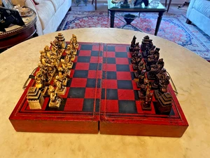 Antique Chinese wooden Leather Wrapped Chess Game Folding Chessboard Box - Bild 1 von 24
