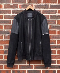 All Saints Mens AKIO Leather Bomber Jacket LARGE Black AllSaints Biker Nubuck - Picture 1 of 12