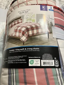MAINSTAYS RED TARTAN PLAID KING QUILT & 2 KING SHAMS - Picture 1 of 1