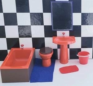 Bad Bodo Hennig Wanne, WC ,Spiegel Waschbecken rot Puppenstube Puppenhaus - Bild 1 von 11