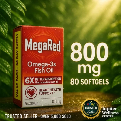 800mg MegaRed Advanced 6X Absorption Omega-3 Softgels, 80 Count  Exp 1/2027 - Image 1 of 4