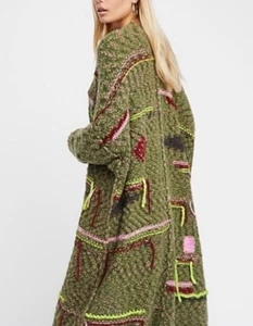 Rare Free People Equinox Open Front Green Wool Blend Chunky Long Sweater Sz XS/S - Picture 1 of 8