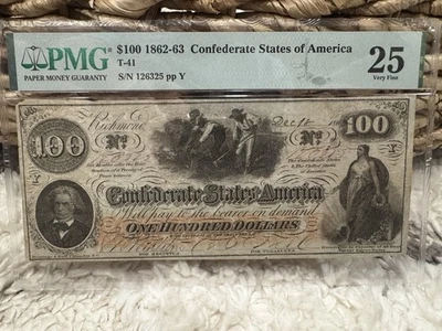 1862 Confederate States $100 T-41 Richmond PMG VF 25 Civil War Note - Image 1 of 4