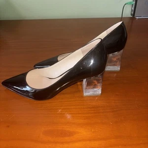 Marc Fisher Zala Black Patent Leather Pointed Toe Clear Acrylic Block Heel 8.5 - Picture 1 of 5