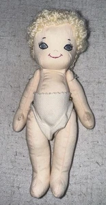 Vintage Handmade Cloth Rag Doll Embroidered Blue Eyes Lips 9.5” Jointed - Bild 1 von 2