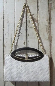 BAG 60s Vintage Shoulder Clutch White woven PVC coated willow Lucite top Handle - Picture 1 of 10