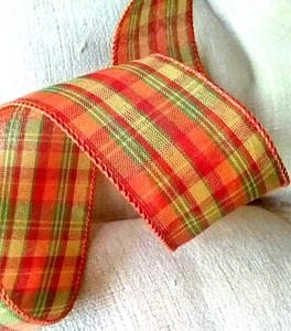 Orange Cider Plaid 2.5" x 5 yd Wired Ribbon Fall Country Thanksgiving Wreath Bow - Picture 1 of 8