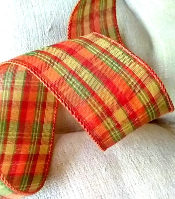 Orange Cider Plaid 2.5" x 5 yd Wired Ribbon Fall Country Thanksgiving Wreath Bow - Image 1 of 4