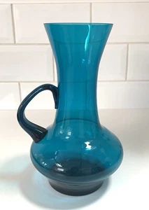 Vintage Mid Century Blue Turquoise Glass Vase Pitcher With Handle 1960s - Picture 1 of 10