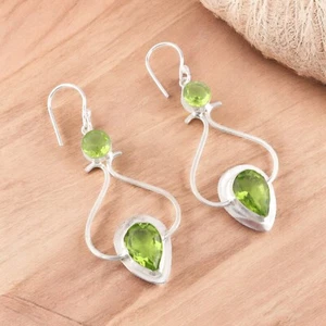 Natural Peridot Gemstone 925 Sterling Silver Handmade Boho Jewelry Earring 2.07" - Picture 1 of 6