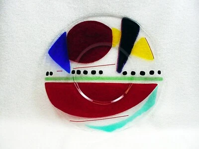 Vtg Linda Owen Clear, Red,Yell, Purple Fused Glass Platter | Signed | New | $100 - Image 1 of 4
