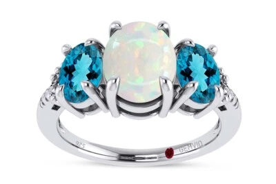 Кольцо из золота 14 карат с бриллиантовым акцентом с натуральным опалом и голубым топазом 1,42 карата поверх серебра - Изображение 1 из 4