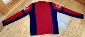 DEMETRE  100% wool ski sweater LARGE Logo   Vtg 70s 80s USA made Red Navy Blue - Picture 1 of 10