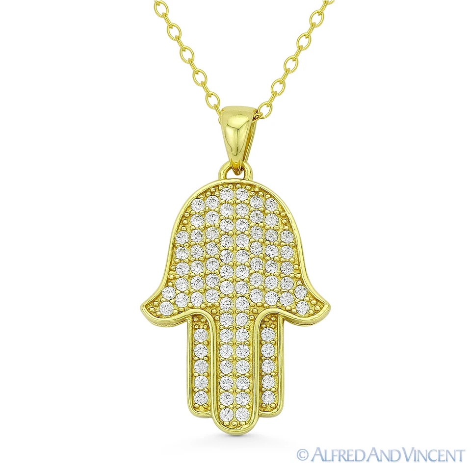 Hamsa Hand von Fatima Böser Blick Glücksbringer 925 Sterling Silber CZ Anhänger Halskette - Bild 1 von 1