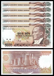 TURQUÍA 5000 LIRAS 1990 (1970), SIN CIRCULAR, LOTE DE 5 piezas, P-198 - Imagen 1 de 4