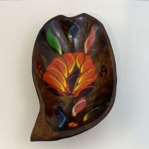 Vintage antique Mexican Folk Art Wooden Hand Painted Large Leaf Bowl