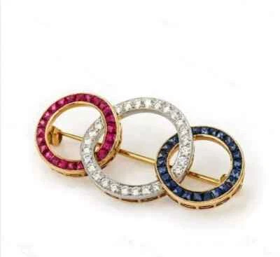 3Ct Round Lab-Created Ruby Sapphire Diamond Brooch Pin's 14K Yellow Gold Plated - Image 1 of 4
